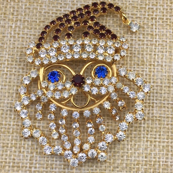 Santa Rhinestone Brooch w Dangling Beard
